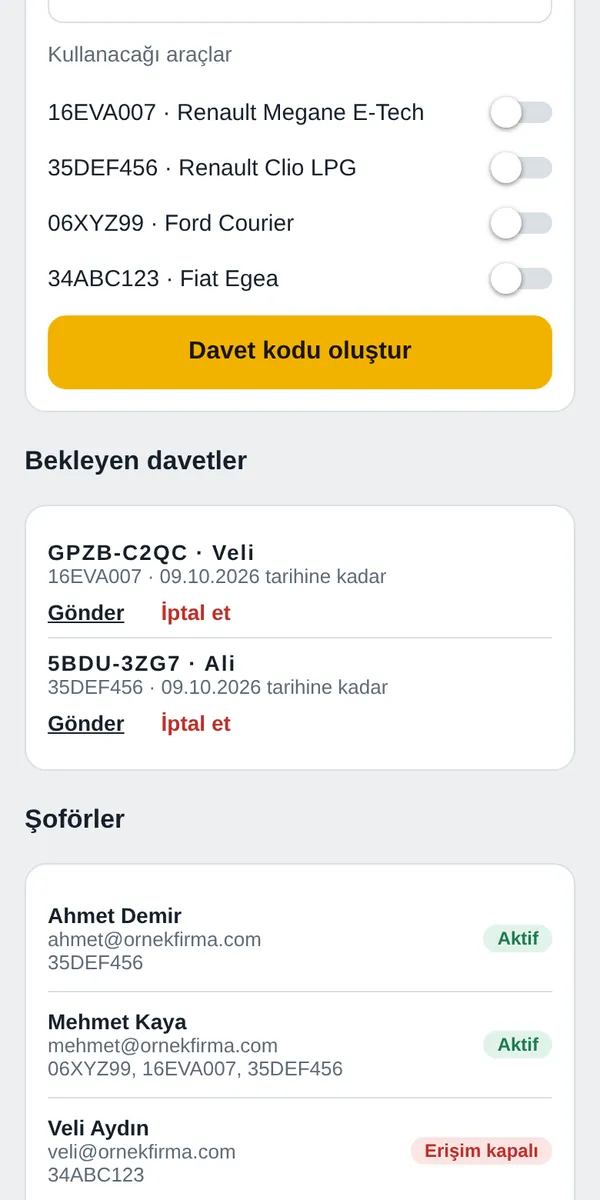 Şoför davet ve yönetim ekranı